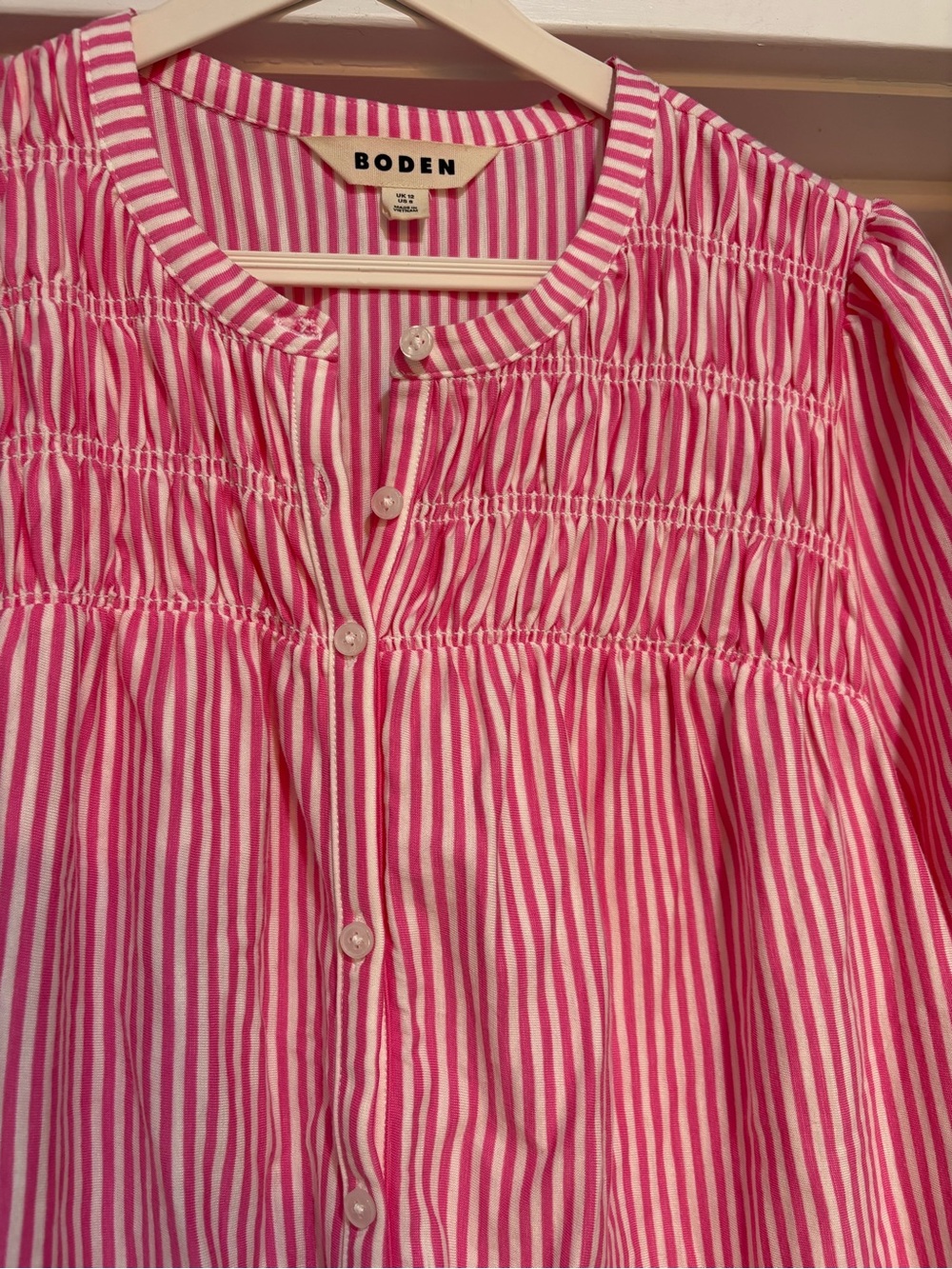 Boden Pink & White Striped Smocked Puff-Sleeve Blouse - Picture 9 of 12